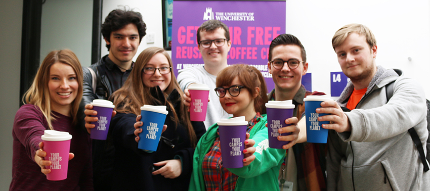 Group of University students pose with their reusable cups