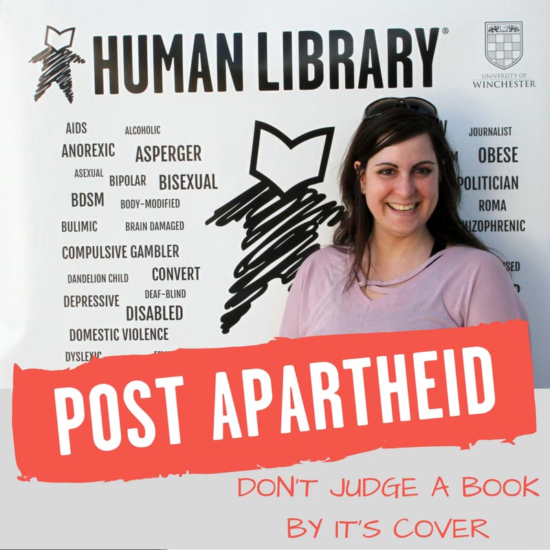 Human Library post-Apartheid poster with young woman in pink t-shirt