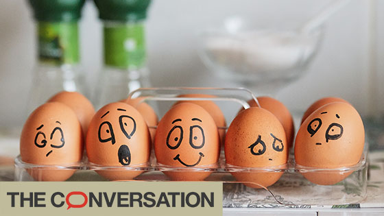 Box of eggs with faces drawn on in black ink