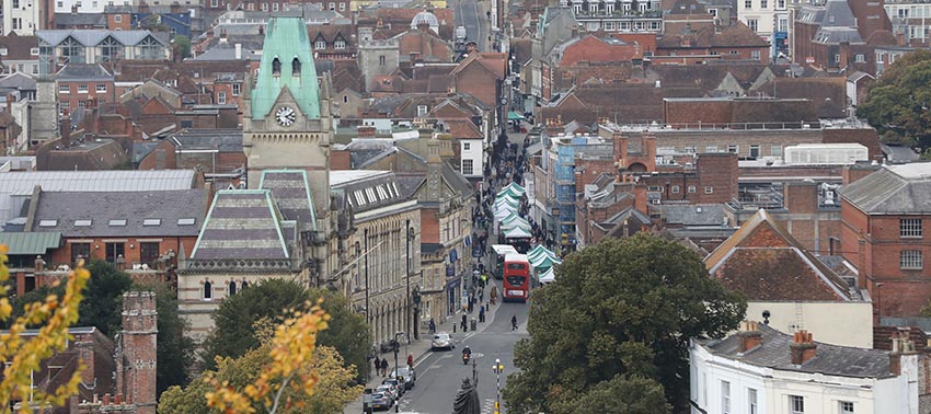 Birds eye view of Winchester high street and Winchester Guildhall
