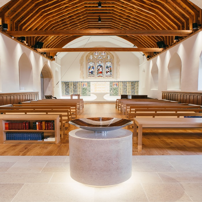Interior of the chapel and font