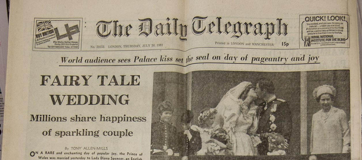 Front page of the Daily Telegraph showing photo of Charles and Diana on their wedding day