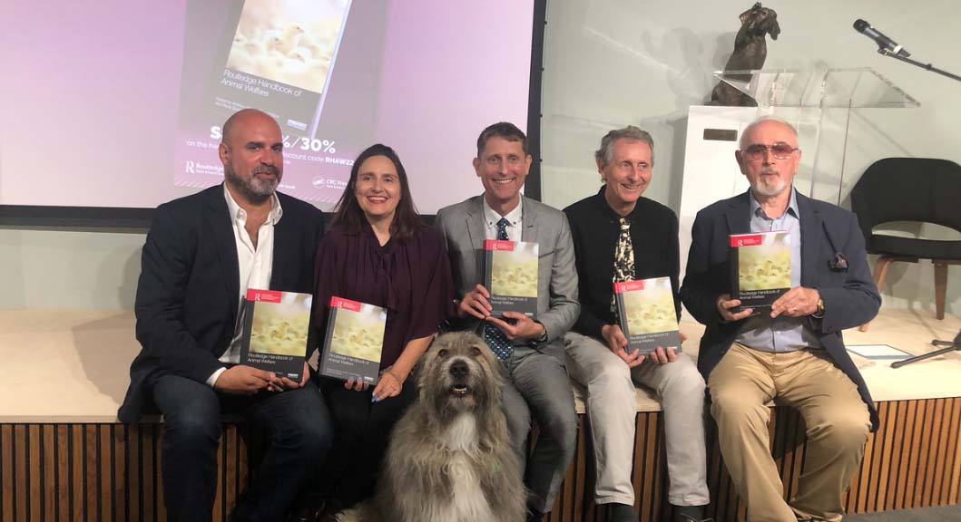 Centre for Animal Welfare book launch 25 Aug 2022 (LTR Profs Andrew Knight, Clive Phillips, Paula Sparks, Dr Marc Abraham, and a dog))