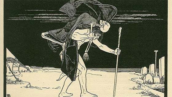 Dybbuk drawing of man with walking stick carrying skeleton in black robe to grave