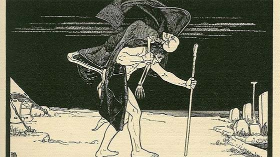 Dybbuk drawing of man with walking stick carrying skeleton in black robe to grave