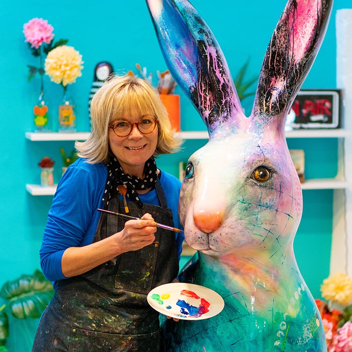 Jenny in her studio wit the University of Winchester Hare