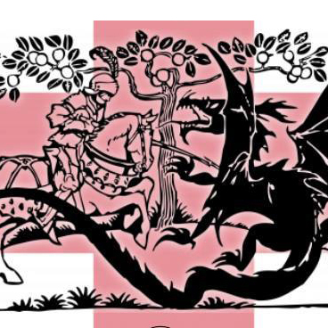 Cartoon of knight on horseback fighting dragon
