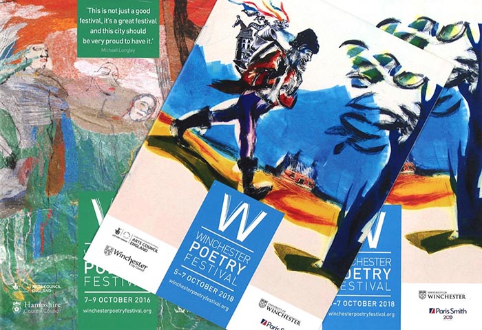 Winchester Poetry Festival programme with painting of man carrying castle on his back