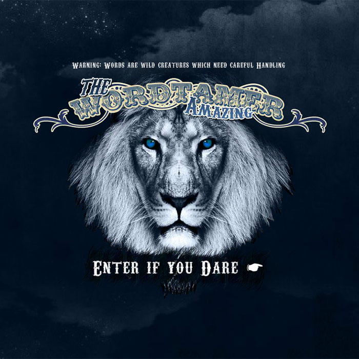 'The Amazing Wordtamer - Enter if you dare' picture of black and white lion with blue eyes