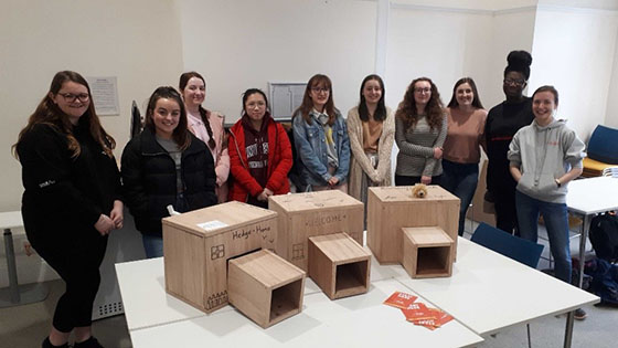 Group of students standing around table with hedgehog homes on it