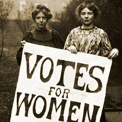 Suffragettes Annie Kenney and Christabel Pankhurst campaigning for women's right to vote in 1908