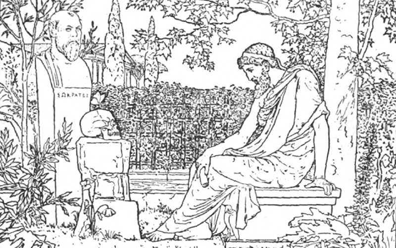Drawing of Plato sitting by Socrates' tomb