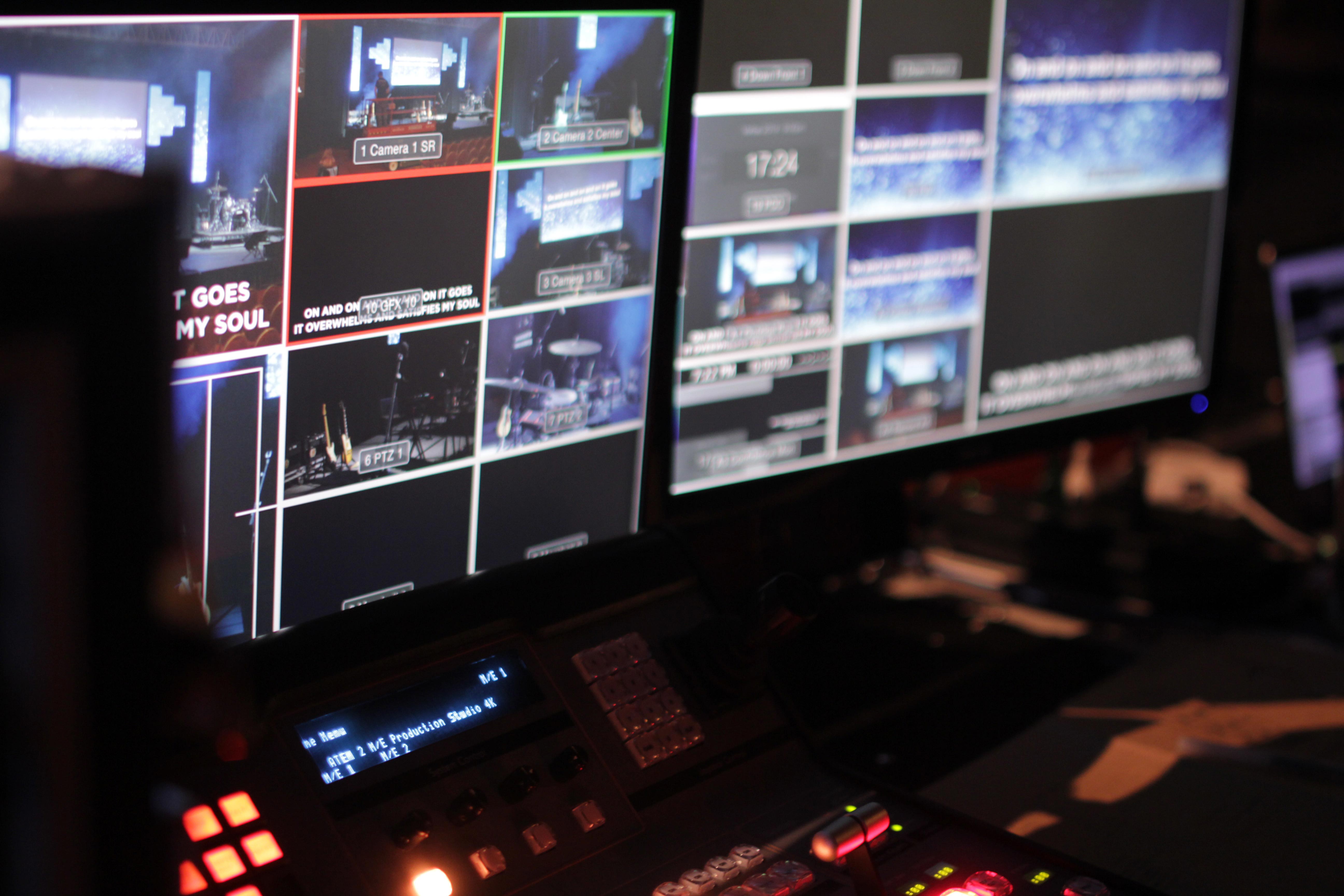 Close up of gallery TV screens in TV Studio 