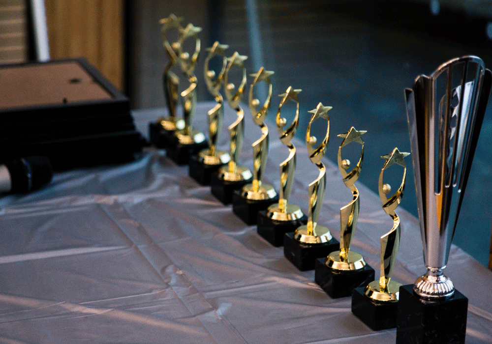 Award statues lined up