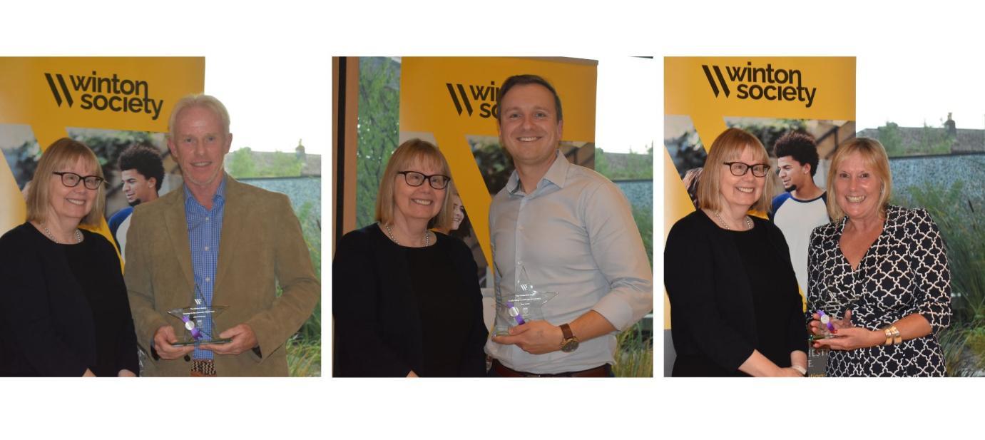Three award winners John Mckenna, Tom Lowe and Sue Wilson, pictured with Vice Chancellor Sarah Greer holding their awards